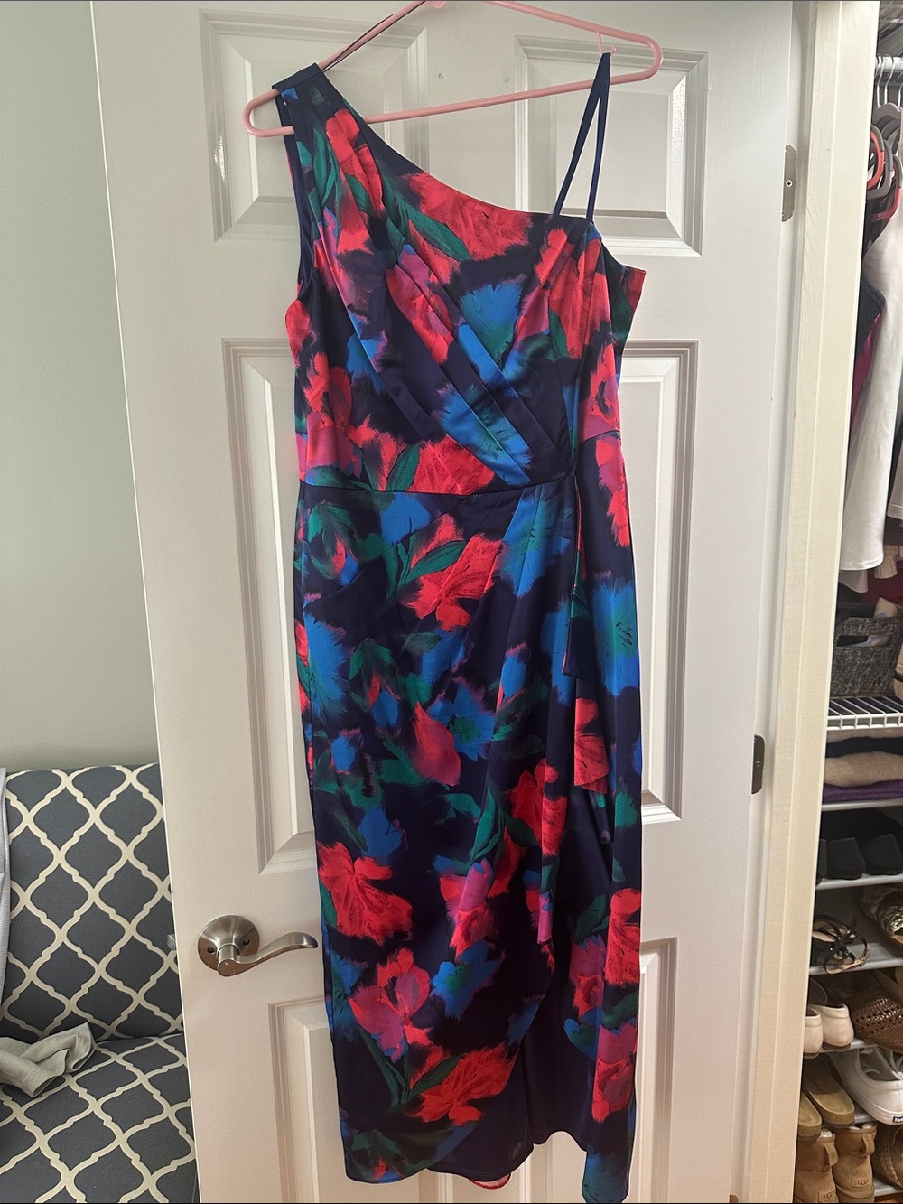 Adrianna Papell Navy One-Shoulder Floral Midi Dress with Red & Teal Accents